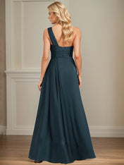 Dark Navy A-Line One Shoulder Floor-Length Satin Bridesmaid Dress With Ruffle