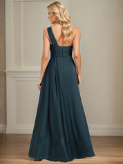 Dark Navy A-Line One Shoulder Floor-Length Satin Bridesmaid Dress With Ruffle