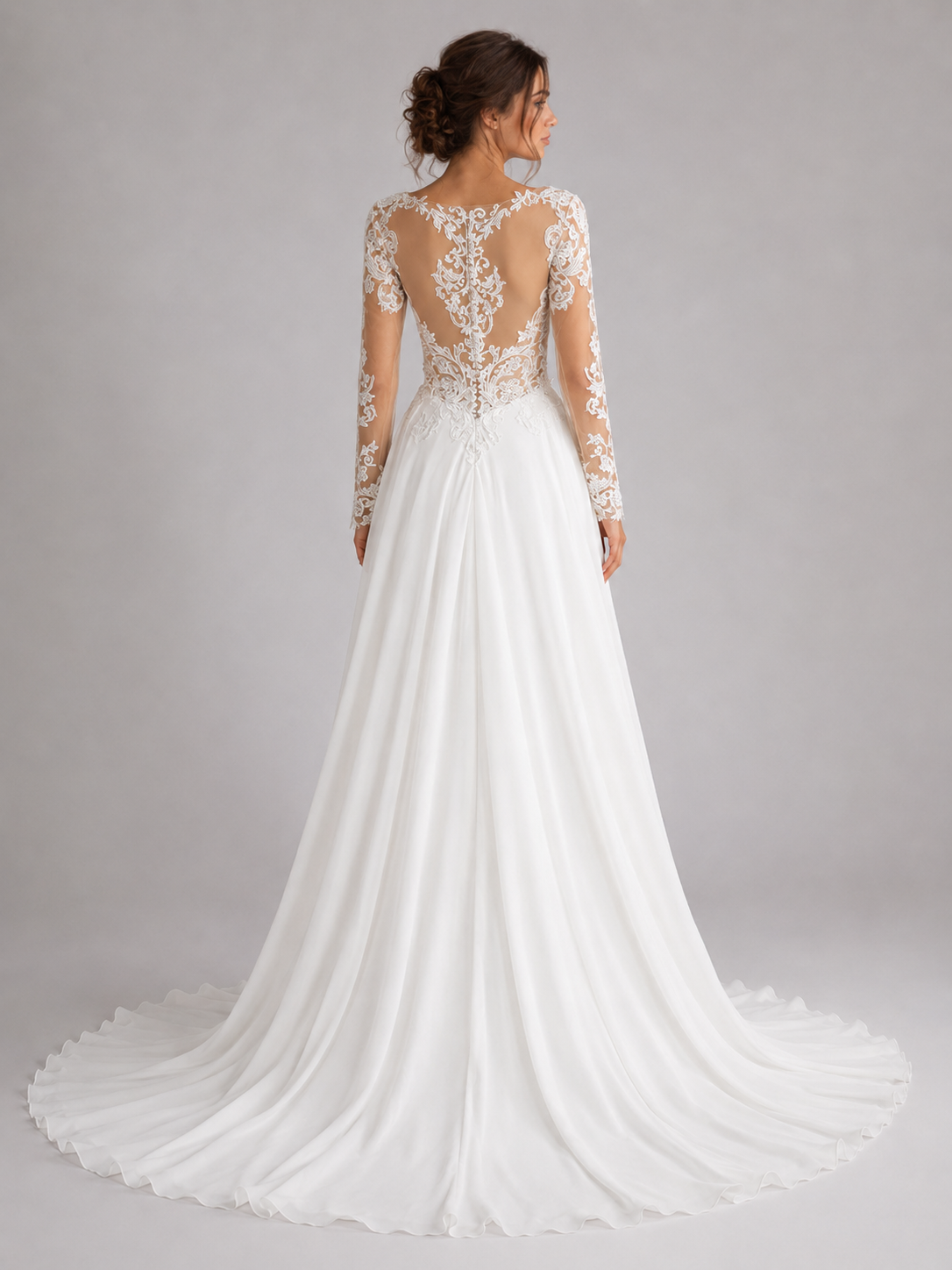 Elegant Long Sleeve Lace Illusion Chiffon A-Line Wedding Dress with Chapel Train