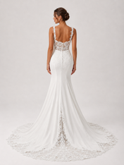 Elegant Spaghetti Strap Lace Applique Satin Mermaid Wedding Dress with Chapel Train