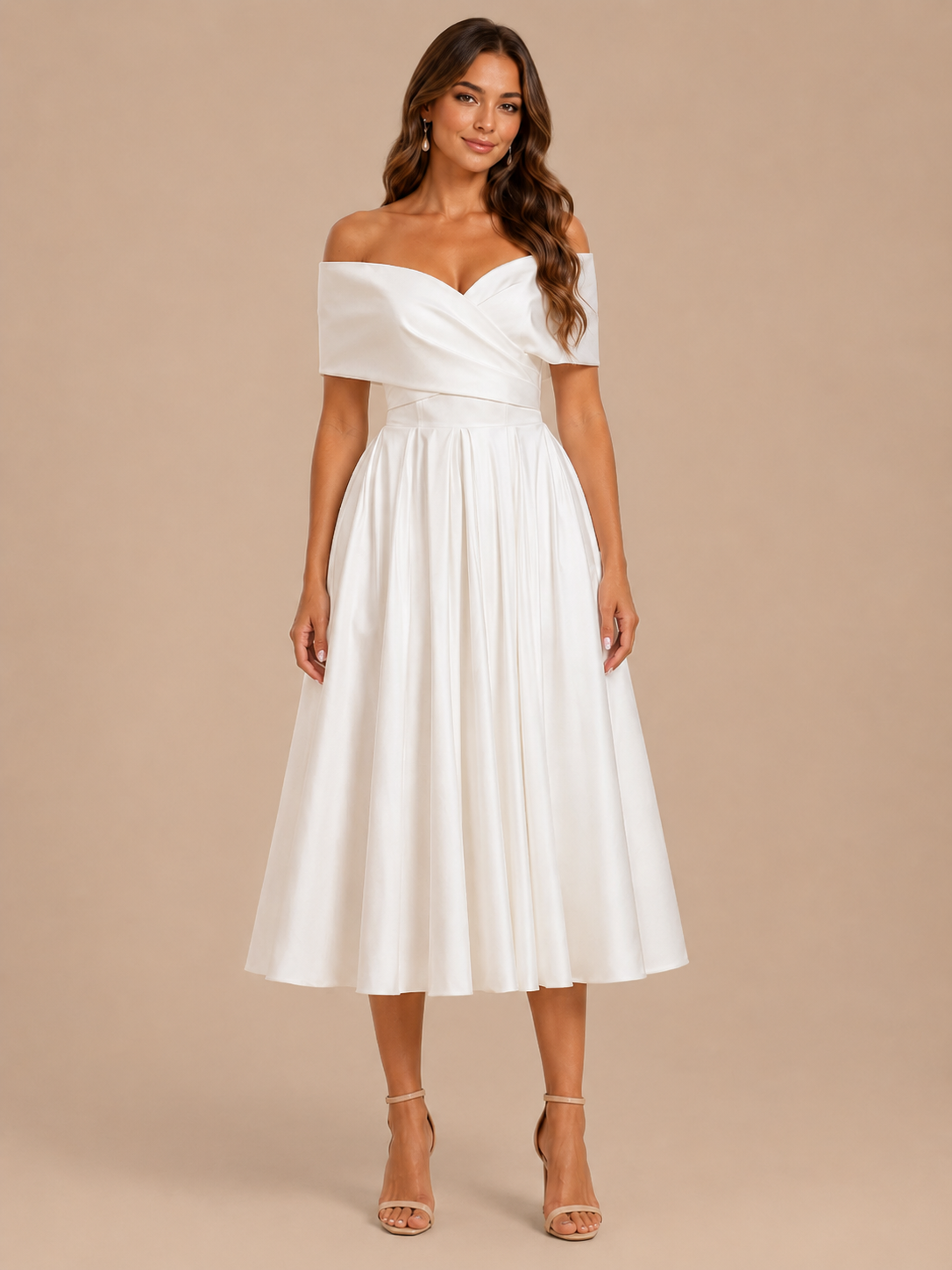 Elegant Off-the-Shoulder Crossover Pleated Satin A-Line Midi Wedding Dress with Lace-Up Back