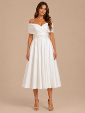 Elegant Off-the-Shoulder Crossover Pleated Satin A-Line Midi Wedding Dress with Lace-Up Back