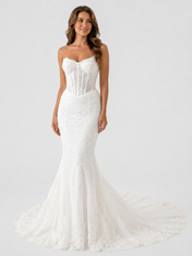 Elegant Strapless Exposed Corset Lace Mermaid Wedding Dress with Chapel Train