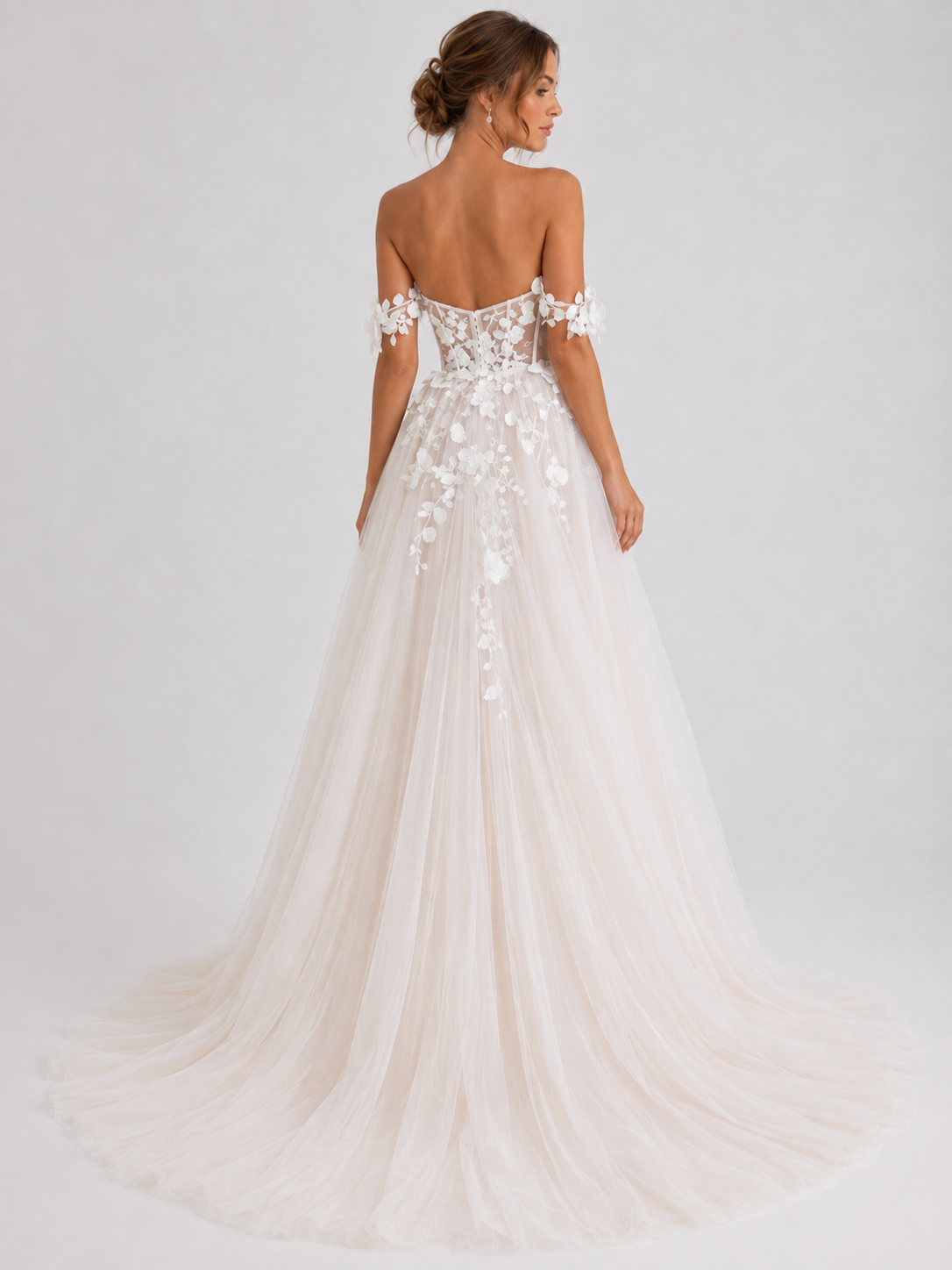 Elegant Off-the-Shoulder 3D Floral Applique Tulle A-Line Wedding Dress with High Slit and Chapel Train