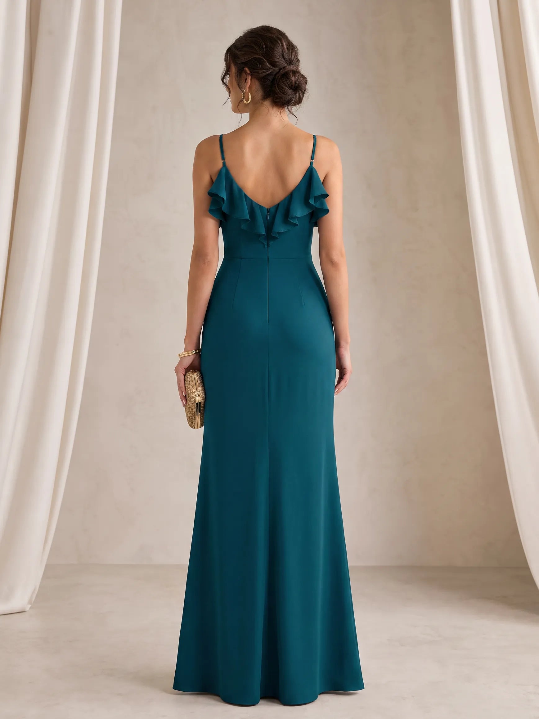 Ruffled V-Neck Column Gown with High Slit and Tie-Front Detail Bridesmaid Dress