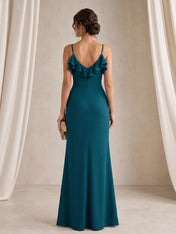 Ruffled V-Neck Column Gown with High Slit and Tie-Front Detail Bridesmaid Dress