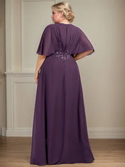 A-Line V-Neck Floor-Length Chiffon Mother of the Bride Dress With Appliques Pleated