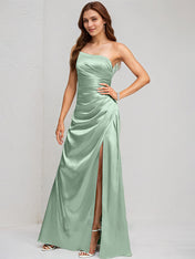 Agave Satin A Line One Shoulder Sleeveless Floor Length Bridesmaid Dress