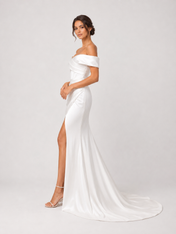 Elegant Off-the-Schouder Ruched Satin Mermaid Wedding Dress with High Slit and Chapel Train