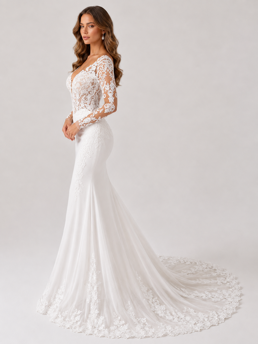Elegant Long-Sleeve Illusion Lace Applique Satin Mermaid Wedding Dress with Chapel Train