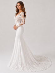 Elegant Long-Sleeve Illusion Lace Applique Satin Mermaid Wedding Dress with Chapel Train