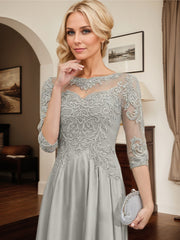 Silver A-line Illusion Scoop Tea-Length Lace Satin Mother of the Bride Dress With Beading Sequins