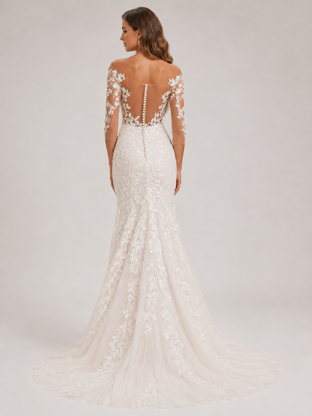 Elegant Off-the-Shoulder Illusion Lace Applique Sheath Wedding Dress with Sweep Train