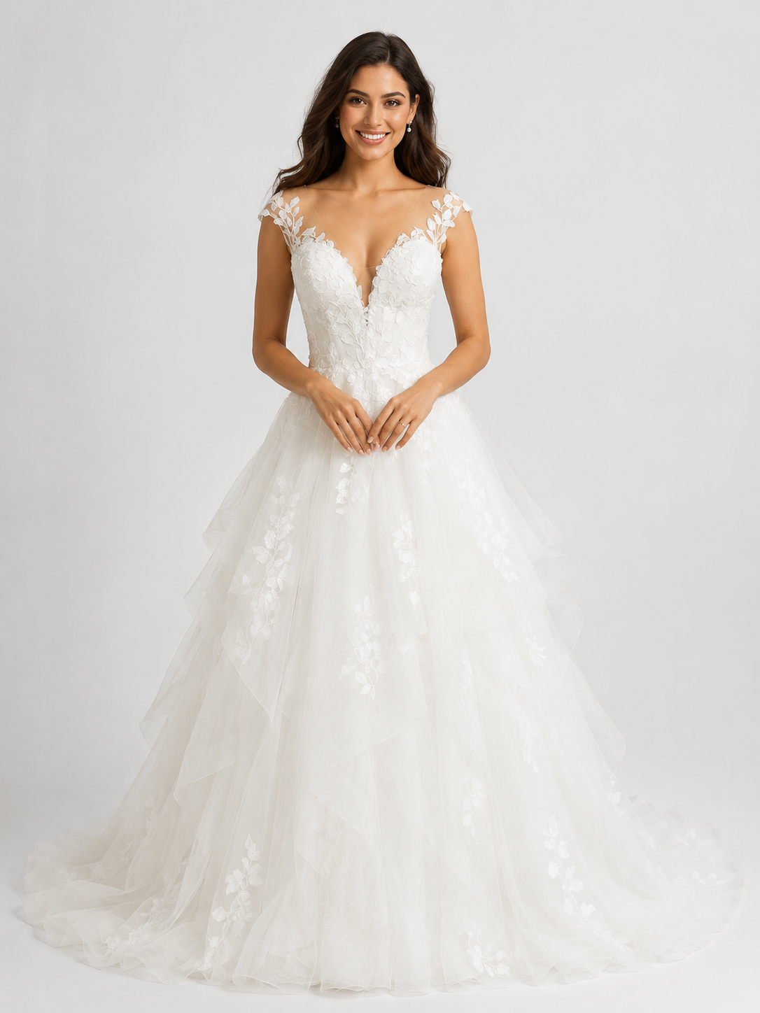 Elegant V-Neck Lace Applique Tulle A-Line Wedding Dress with Sweep Train