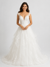 Elegant V-Neck Lace Applique Tulle A-Line Wedding Dress with Sweep Train