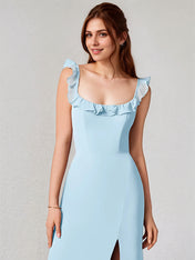 Sky Blue Chiffon Square Neck Sleeveless Floor Length Dress With High Slit