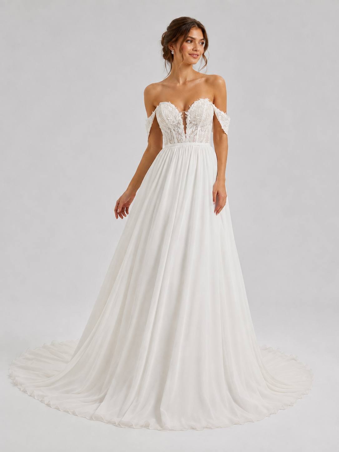 Elegant Off-the-Shoulder Lace Bodice Chiffon A-Line Wedding Dress with Chapel Train