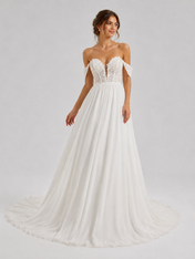 Elegant Off-the-Shoulder Lace Bodice Chiffon A-Line Wedding Dress with Chapel Train