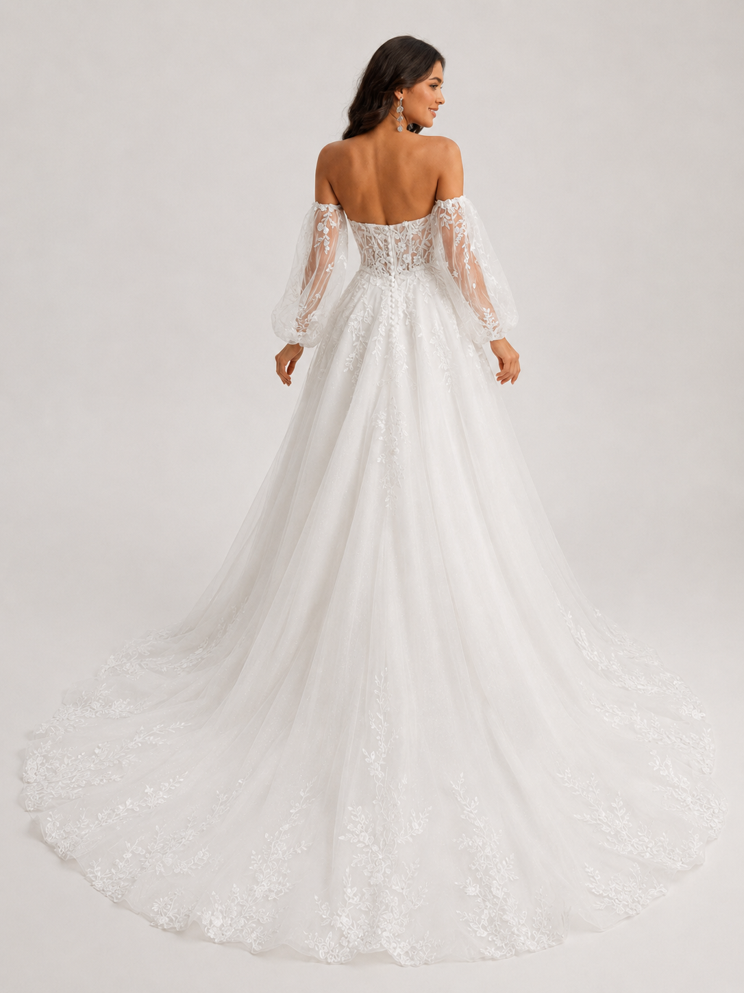 Elegant Off-the-Shoulder Sweetheart Lace Tulle A-Line Wedding Dress with Detachable Bishop Sleeves and Chapel Train