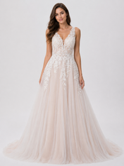 Elegant Illusion V-Neck Lace Applique A-Line Wedding Dress with Chapel Train