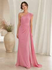 One-Shoulder Pleated Column Gown with Draped Sash Bridesmaid Dress