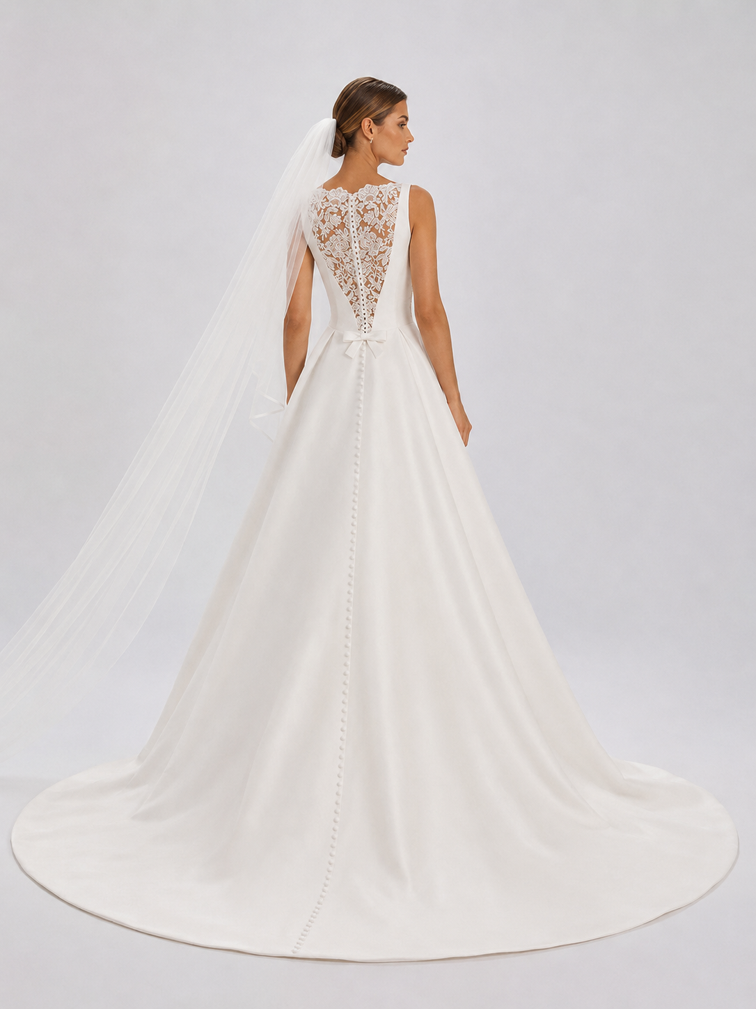 Elegant Lace Panel Satin A-Line Wedding Dress with Chapel Train