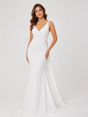 Elegant V-Neck Satin Sheath Wedding Dress with Dramatic Draped Back Chapel Train