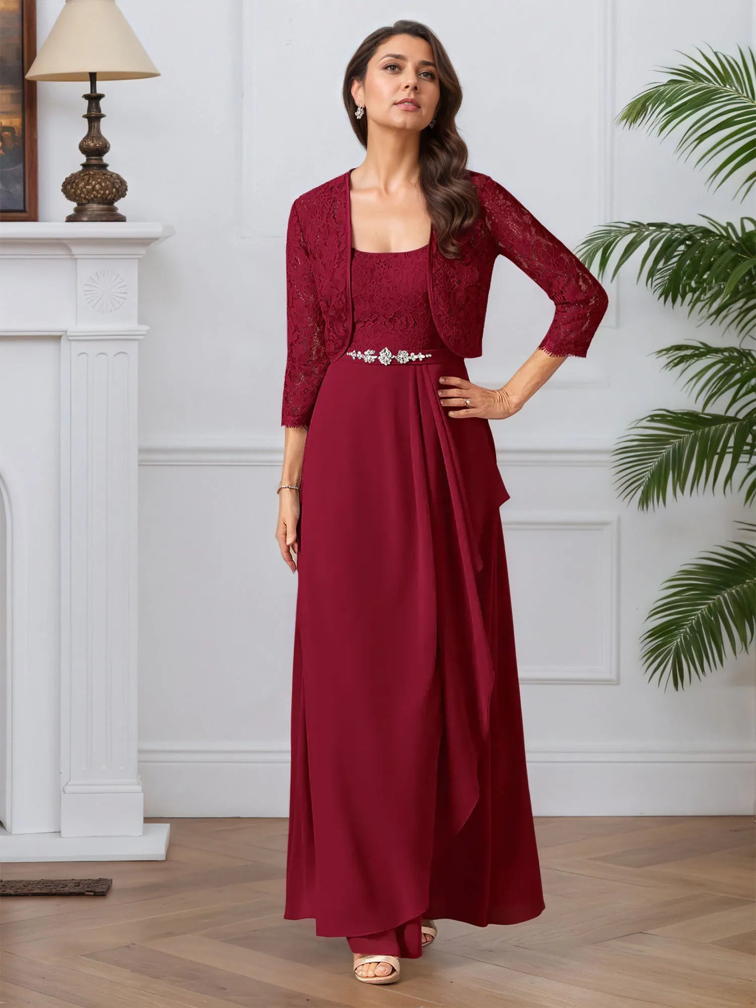 A-Line Square Neckline Lace Chiffon Mother of the Bride Dress