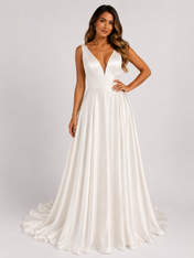 Elegant Plunging V-Neck Satin A-Line Wedding Dress with Chapel Train