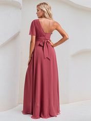 Cinnamon Rose Chiffon A Line One Shoulder Short Sleeves Floor Length Bridesmaid Dress