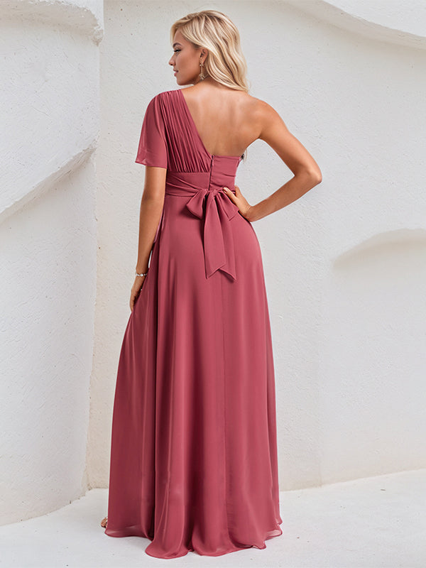 Cinnamon Rose Chiffon A Line One Shoulder Short Sleeves Floor Length Bridesmaid Dress