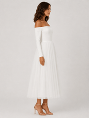 Elegantly Chic Off-the-Shoulder Long-Sleeve Tulle A-Line Midi Wedding Dress
