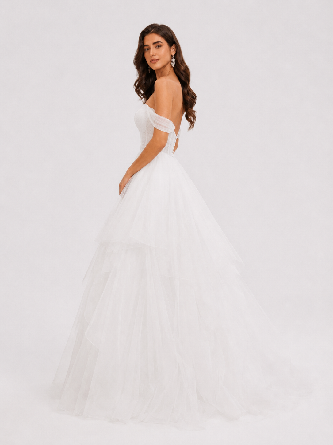 Elegant Off-the-Shoulder Tiered Tulle A-Line Wedding Dress with Chapel Train