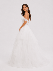 Elegant Off-the-Shoulder Tiered Tulle A-Line Wedding Dress with Chapel Train