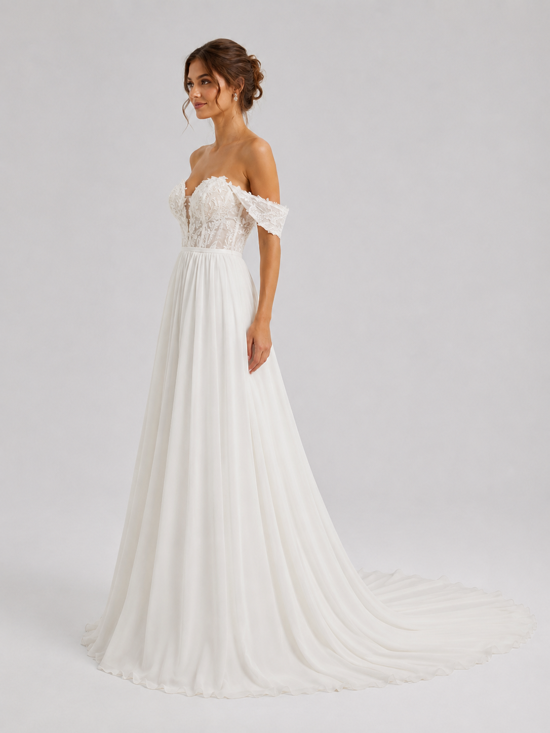 Elegant Off-the-Shoulder Lace Bodice Chiffon A-Line Wedding Dress with Chapel Train