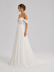 Elegant Off-the-Shoulder Lace Bodice Chiffon A-Line Wedding Dress with Chapel Train