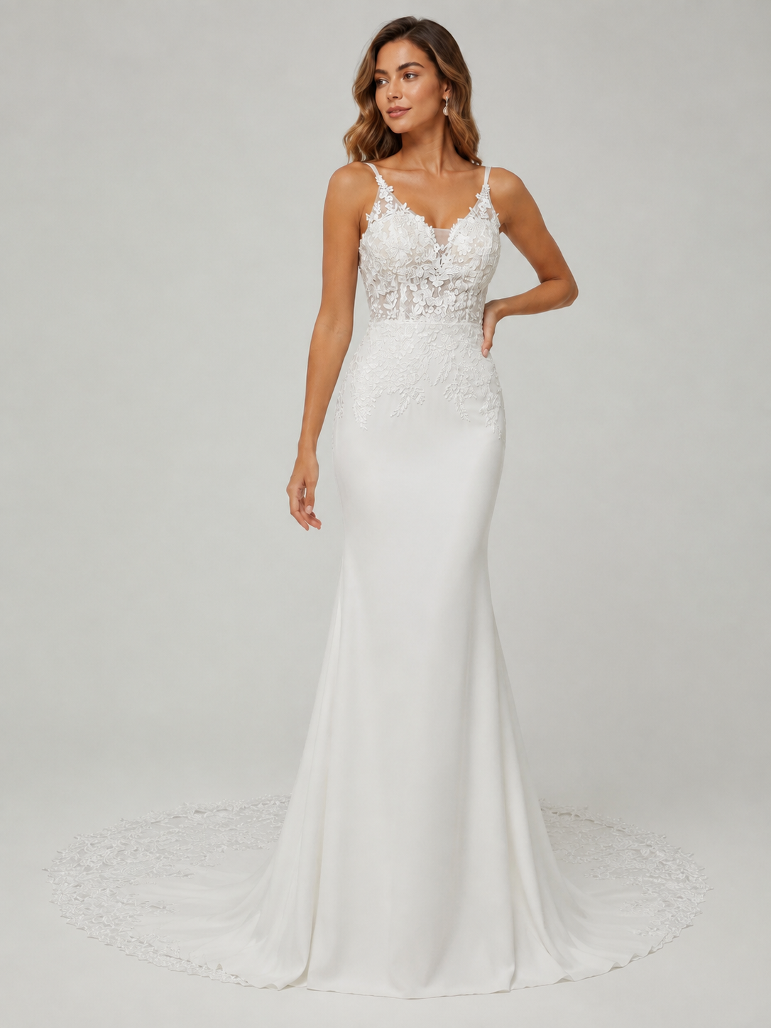 Elegant Illusion Lace Applique Spaghetti Strap Sheath Wedding Dress with Sweep Train