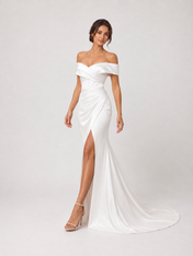 Elegant Off-the-Schouder Ruched Satin Mermaid Wedding Dress with High Slit and Chapel Train