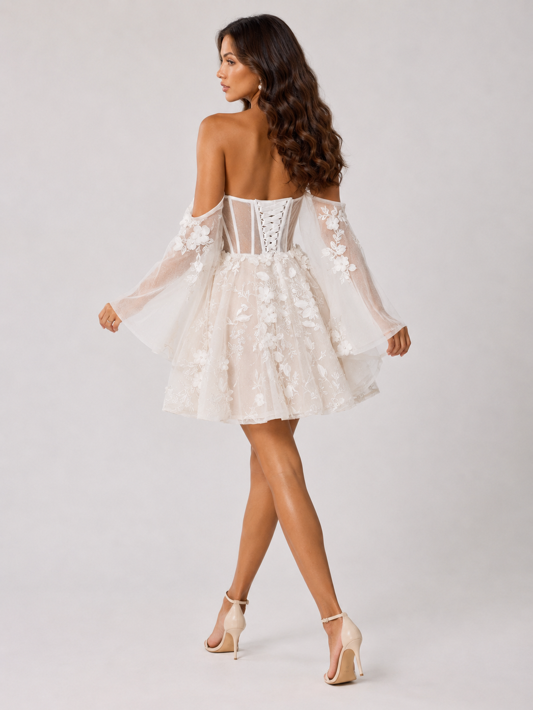Elegant Off-the-Shoulder Floral Applique Short A-Line Wedding Dress with Bell Sleeves