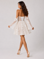 Elegant Off-the-Shoulder Floral Applique Short A-Line Wedding Dress with Bell Sleeves