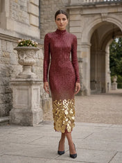 Mock Neck Ombré Sequin and Coin-Embellished Evening Dress