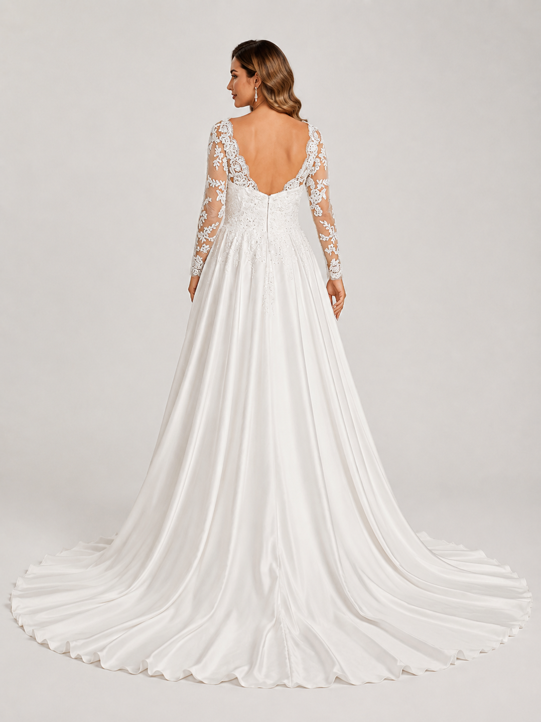 Elegant Illusion Long Sleeve Satin A-Line Wedding Dress with Chapel Train