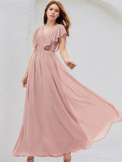 Dusty Rose A-Line V-Neck Floor-Length Chiffon Bridesmaid Dress