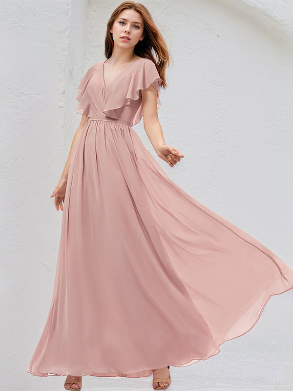 Dusty Rose A-Line V-Neck Floor-Length Chiffon Bridesmaid Dress
