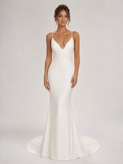 Sleek V-Neck Satin Sheath Wedding Dress with Sweep Train