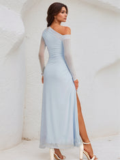 Sky Blue Chiffon One Shoulder Long Sleeves Ankle Length Dress With High Slit