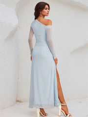 Sky Blue Chiffon One Shoulder Long Sleeves Ankle Length Dress With High Slit
