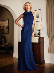 Royal Blue Sheath/Column Halter Neck Floor Length Mother of the Bride Dress With Bow