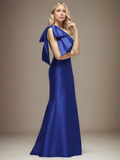 Royal Blue Satin One Shoulder Floor Length Dress With Bow