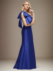 Royal Blue Satin One Shoulder Sleeveless Floor Length Dress With Bow